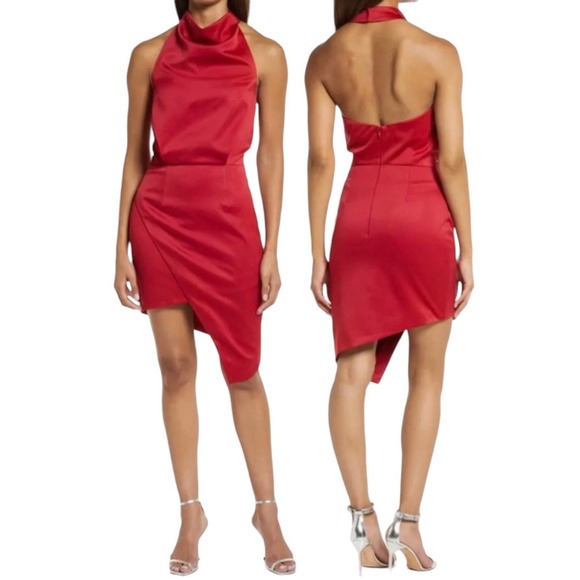 Elliatt Asymmetric Satin Cocktail Dress In Merlot XS - Picture 1 of 10